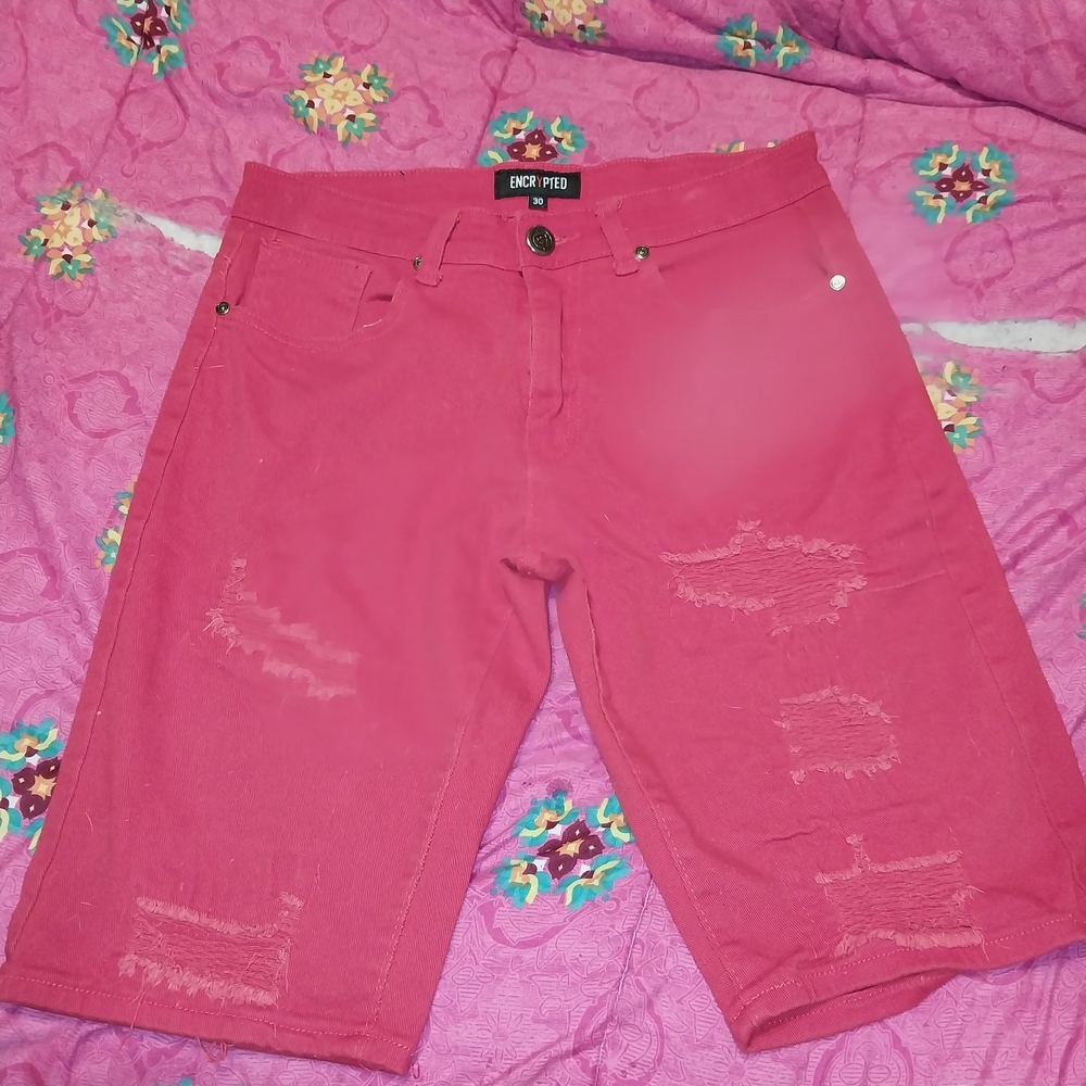 Red Distressed Jean Shorts for Men